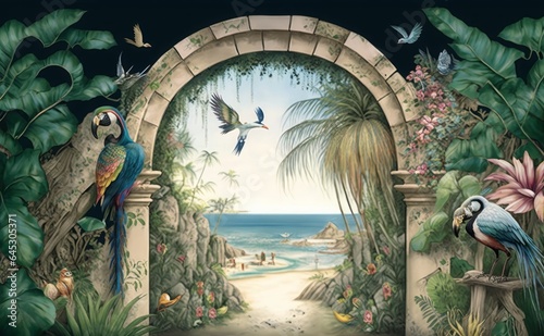 Tropical arch wallpaper palm trees, birds peacock and parrot in the beach land escape with flying butterflies, Generative AI © Rajiv