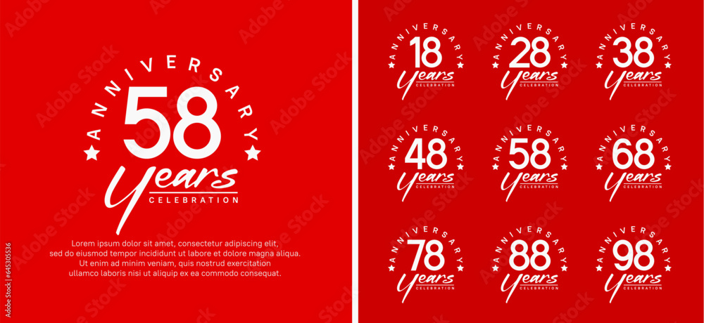 set of anniversary logo flat white color number and white text on red background for celebration