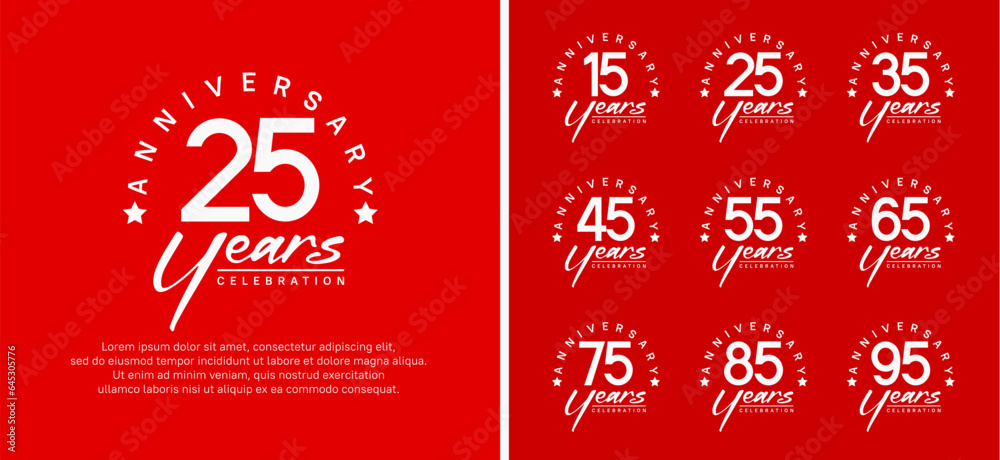 set of anniversary logo flat white color number and white text on red background for celebration set of anniversary logo flat white color number and white text on red background for celebration