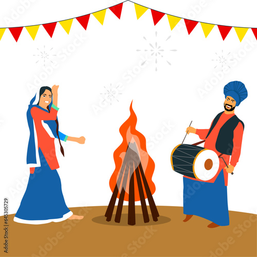 Flat illustration poster of Happy Lohri festival of Punjab India. Punjabi people doing bhangra dance with music instruments in front of bonfire. happy lohri, happy lohri image, lohari images
 photo