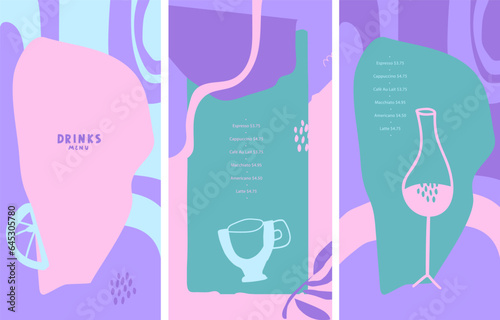 Drinks menu. Lines, dots, abstract organic fluid shapes. For a restaurant or bar by the pool under the open sky or the beach. Bright neon colors. Vector illustration. List, booklet, flyer, banner.