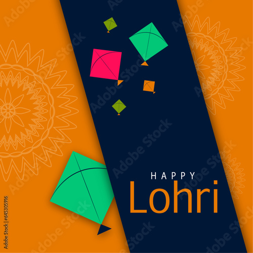 Flat illustration poster of Happy Lohri festival, calligraphy text in hindi with background of kites. happy lohri, happy lohri image, lohari images
 photo