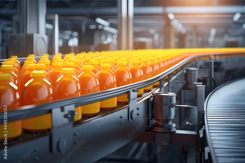 Fototapeta premium Drink factory production line at conveyor belt. Fruit juice beverage product.