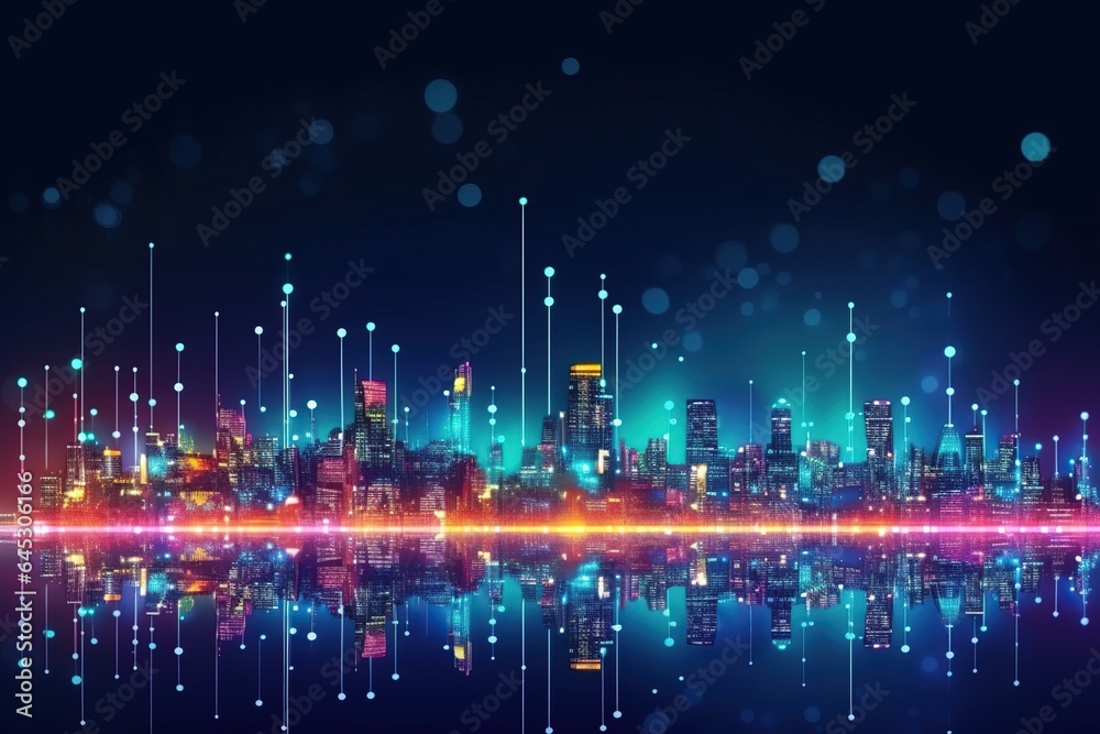Smart city and big data connection technology, abstract line connection on night city background, communication network concept, Data storage, service, online, financial, Connectivity global