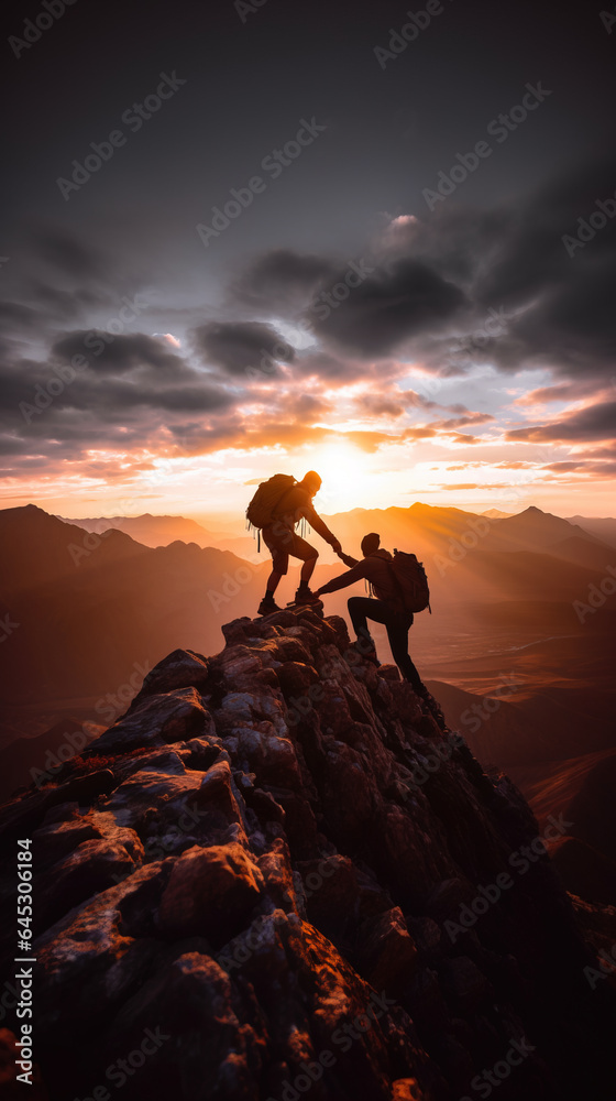 Mountain top scene with hiker helping friend reach the top