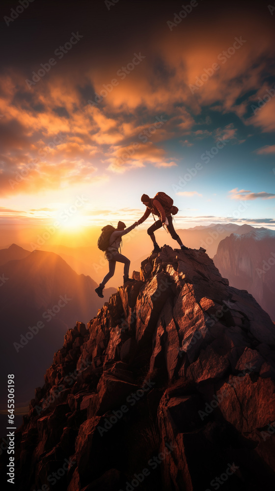 Fototapeta premium Hiker helping friend reach the mountain top