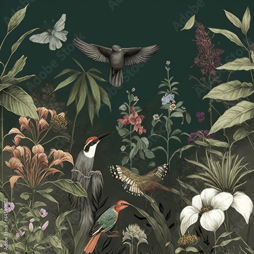 wallpaper vintage jungle pattern with birds plants and flowers and grey background, Generative AI © Rajiv