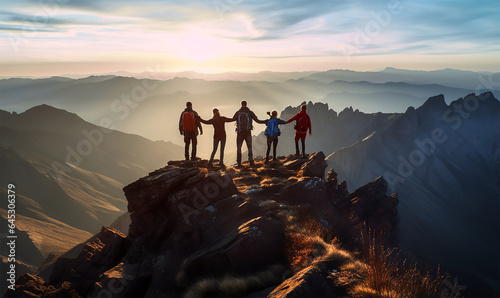 A group of friends holding hands near the summit of a mountain, symbolizing teamwork and collective achievement photo