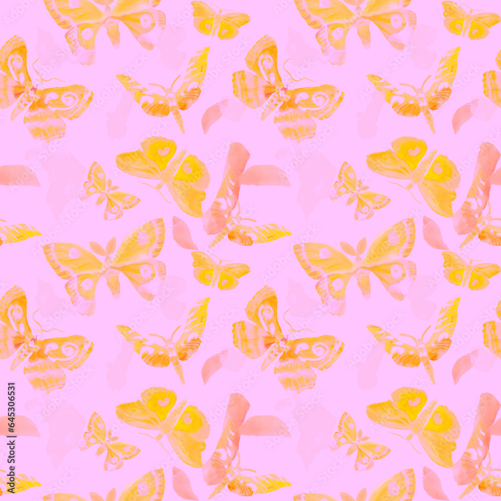 Watercolor drawn Twilight moth. Seamless pattern with hawk moth silhouette. Yellow Moth on pink background. Illustration of large flying insects with open wings. Drawing summer butterflies.