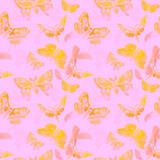 Watercolor drawn Twilight moth. Seamless pattern with hawk moth silhouette. Yellow Moth on pink background. Illustration of large flying insects with open wings. Drawing summer butterflies.