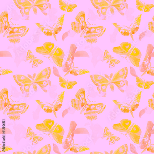 Watercolor drawn Twilight moth. Seamless pattern with hawk moth silhouette. Yellow Moth on pink background. Illustration of large flying insects with open wings. Drawing summer butterflies.