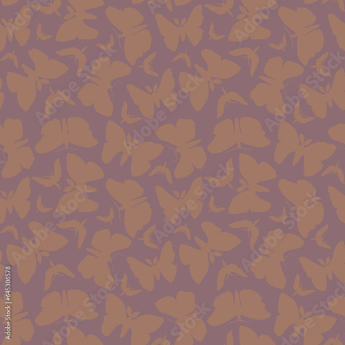 Watercolor Twilight moth silhouette on violet background. Seamless pattern of hawk moths with brown and blue wings in vintage style. Illustration of large flying insects with open wings.
