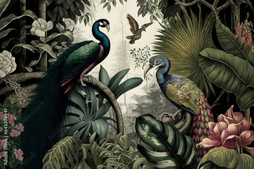 Fototapeta premium wallpaper jungle and tropical forest flamngo and tropical birds, old drawing vintage peacock, Generative AI