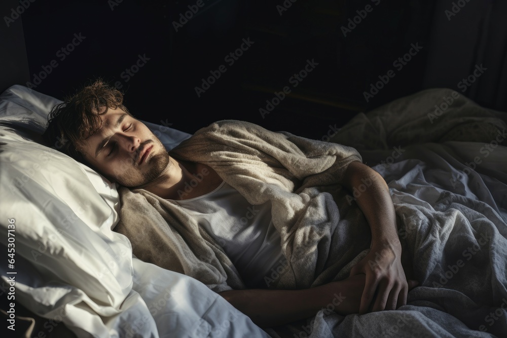 Ill man bed home at morning. Generate Ai Ill man bed home at morning. Generate Ai