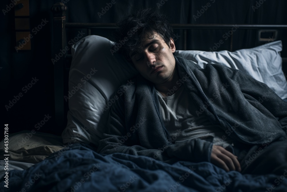 Ill man in bed at night time. Generate Ai Ill man in bed at night time. Generate Ai
