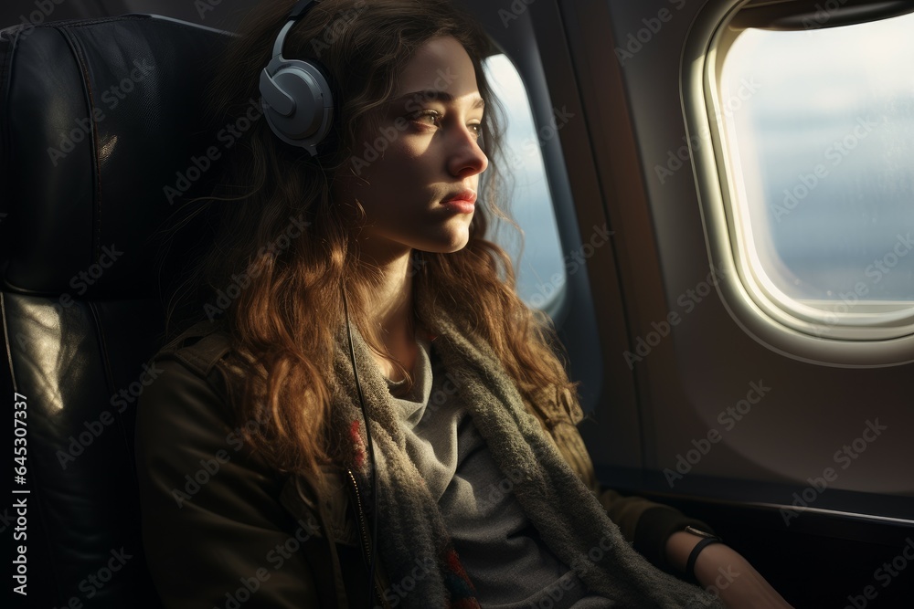 Fototapeta premium Woman passenger airplane travel near window. Generate Ai