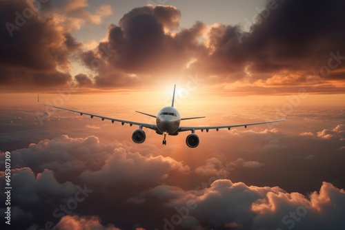 An airplane soaring above the vibrant clouds during a breathtaking sunset