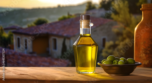 A bottle of olive oil on a wooden table against the backdrop of a Mediterranean village in sunset light. Mockup, copy space