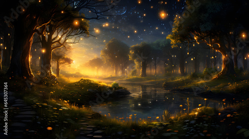 Enchanted Dusk in the Forest with Illuminated Fireflies