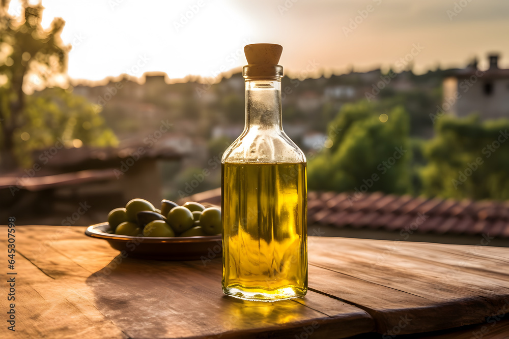 A bottle of olive oil on a wooden table against the backdrop of a Mediterranean village in sunset light. Mockup, copy space A bottle of olive oil on a wooden table against the backdrop of a Mediterranean village in sunset light. Mockup, copy space