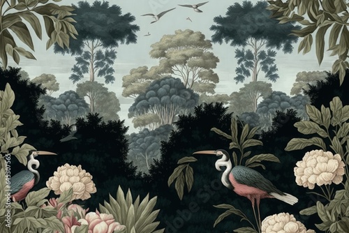 Wallpaper vintage jungle pattern with birds Grus grus in forest flower with blue sky background, Generative AI © Rajiv