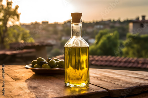 A bottle of olive oil on a wooden table against the backdrop of a Mediterranean village in sunset light. Mockup, copy space