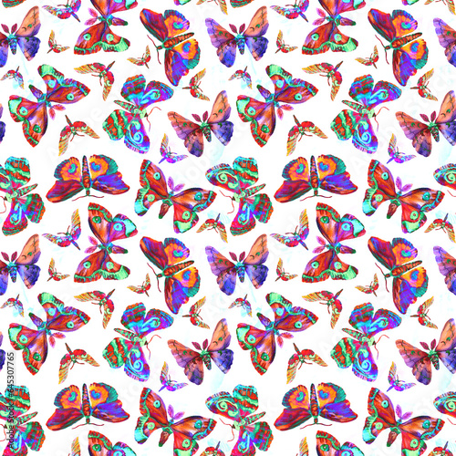 Watercolor drawn Twilight moth. Modern Seamless pattern with hawk moth. Bright multicolor Moth on white background. Illustration of flying insects with open wings. Drawing summer butterflies. photo