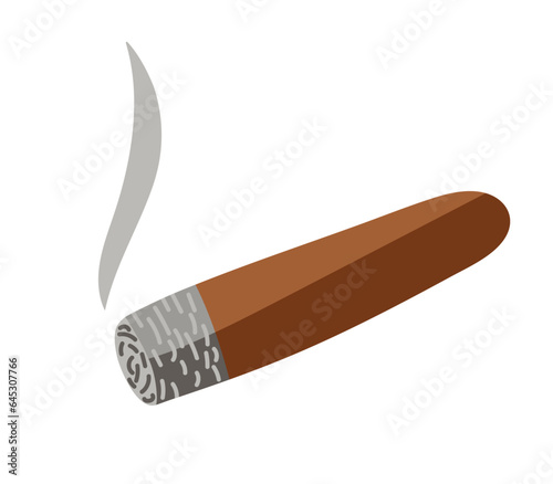Cuban Cigar burning with ash and smoke isolated on white. Flat vector illustration. Addiction, harm to health, smoking kills concept. Cigar Icon. Design element for logo, emblem, sign, poster