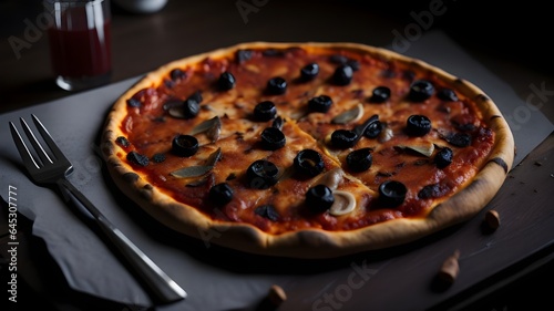 Hot tasty traditional italian pizza with salami, meat, cheese, tomatoes greens on a dark background. Rustic wooden table with pizza Margarita. Generative AI illustration