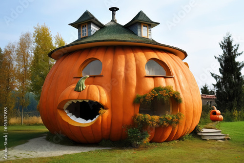 Funny house made from a orange pumpkin  photo