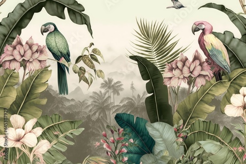 Wallpaper vintage jungle style with parrot birds, palms and flowers with pink background pattern, Generative AI © Rajiv
