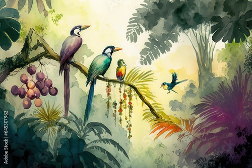 Watercolor painting style  high quality art  landscape on a tropical forest with trees  palms and branches standing on it  colorful birds  fruits and fruits  in coordinating colors  Generative AI