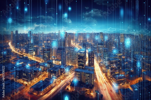 Smart city and big data connection technology, abstract line connection on night city background, communication network concept, Data storage, service, online, financial, Connectivity global © Vilaysack