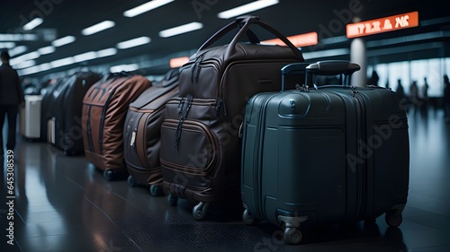 Two suitcases in an empty airport hall, traveler cases in the departure airport terminal waiting for the area, Closeup Shot Of Plastic Suitcases. Generative AI illustration photo