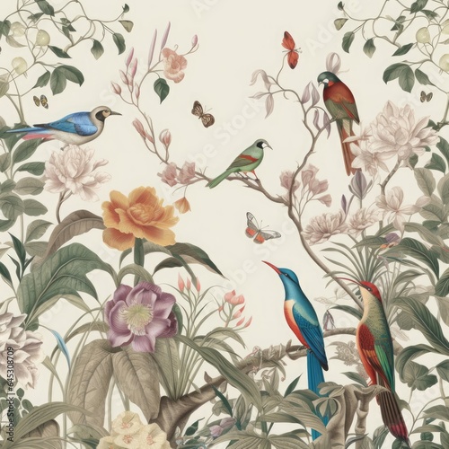 wallpaper vintage jungle pattern with birds plants and flowers and dark blue background, Generative AI