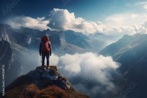 A hiker with a backpack is standing at the summit of a mountain, gazing down at the valley below.