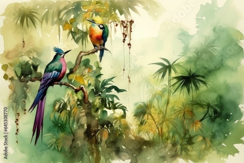 Watercolor style  high quality painting digital art  landscape on a tropical forest with trees  palms and branches standing on it  colorful birds and fruits  Generative AI