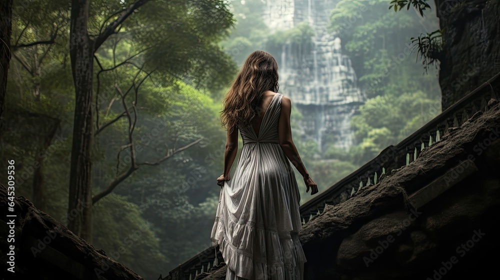 Model in couture, against a dramatic waterfall backdrop in a lush forest