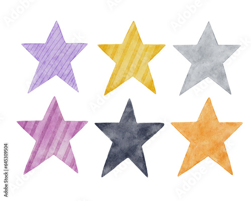 Watercolor set with yellow, black, grey stars on white background. 