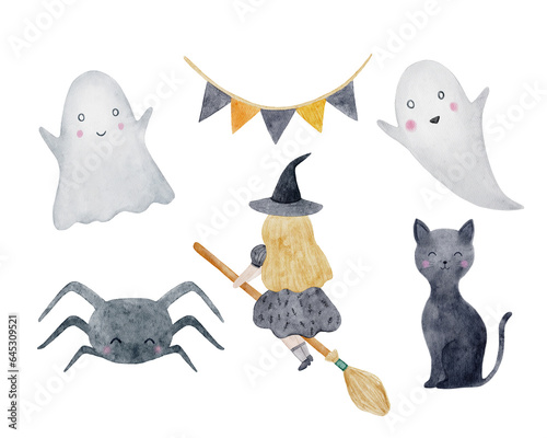 Halloween watercolor set with cute witch and black cat, ghosts, spider on white background. 