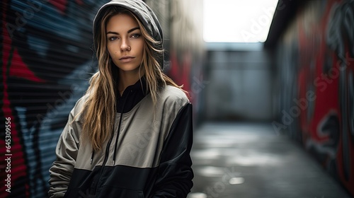 Model in urban streetwear, leaning against a graffiti-covered wall in a city alleyway