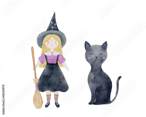 Halloween watercolor set with cute witch and black cat on white background. 