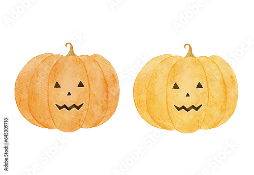 Halloween watercolor set with scary pumpkins on white background. 