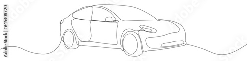 Car vector icon in one continuous line. Linear drawn background of an electric car. Vehicle car auto vector icon. One line outline of the car.