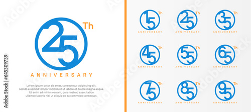 set of anniversary logo blue color number in circle and orange text on white background for celebration