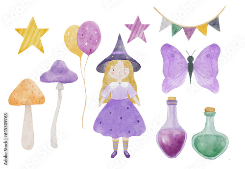 Halloween watercolor set with hand-painted witch, portions, stars, butterfly illustration on white background. 