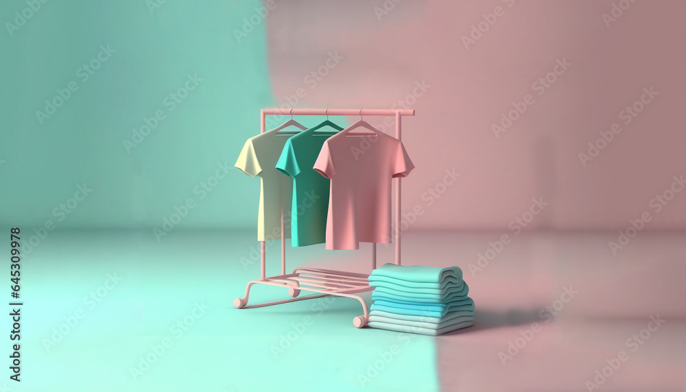 Obraz premium T-Shirts with clothes rack on pastel pink background. Minimal idea concept. 3d rendering. generative ai.