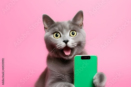 A gray cat holds a green smartphone in its paws