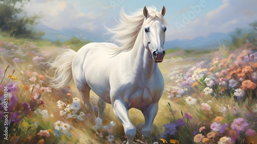 White horse running through a field of colorful wildflowers. Generative AI