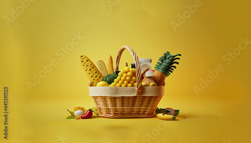 Basket with foods on yellow background. Supermarket shopping concept. 3d rendering. generative ai.